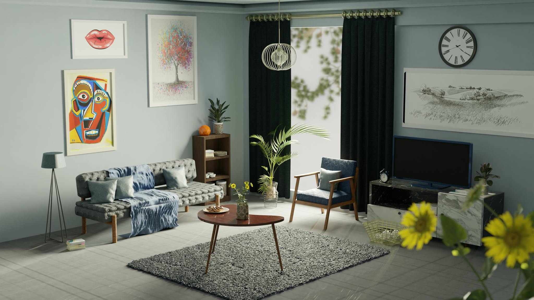 A stylish modern living room featuring colorful art, elegant furniture, and natural lighting.
